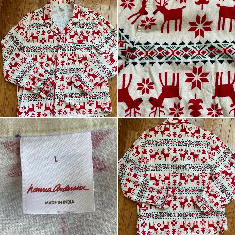 Hanna Andersson $46 Women's Holiday Dear Deer Flannel PJ TOP ONLY Unisex L